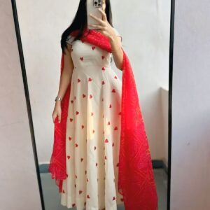 Dhyanku Red Heart Hand Block Print Kurti Gown with Digital Print Dupatta