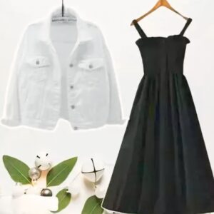 Solid Denim Jacket With Solid Black Sleeveless Dress For Girls (Black and White Combo)