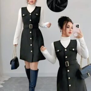 ZELZIS Women Polyester Solid Black Jacket Dress with White High Neck Inner T Shirt and Waist Belt | Sleeveless A Line Western Dress Office Wear Casual Outfit for Indian Women