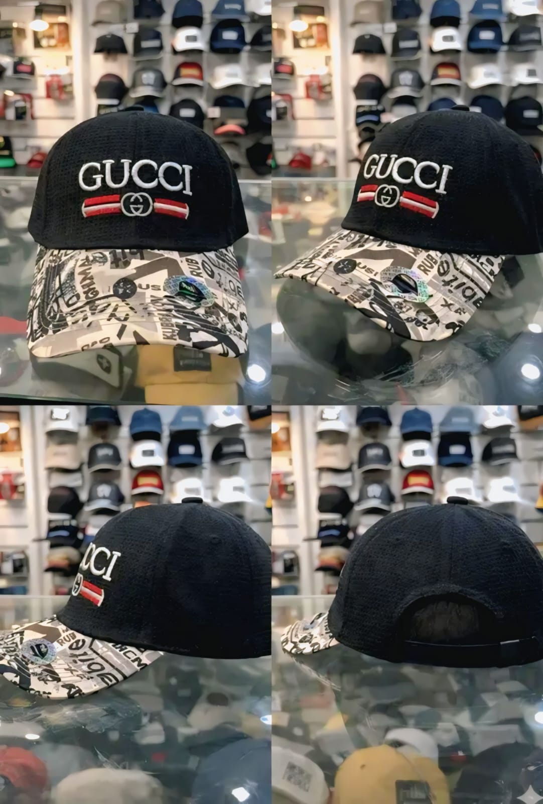 CAPWALA. Gucci Logo "Waffle-Knit" Baseball Cap with a Graphic Print Brim.