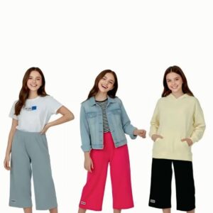 Girls Casual Loose Fit Wide Leg Capri (Pack Of 3, Lite Grey+Hot Pink+Black)