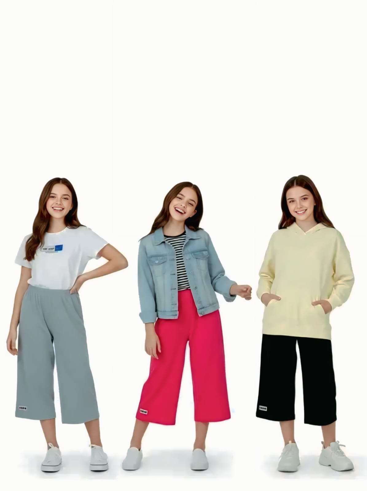 Girls Casual Loose Fit Wide Leg Capri (Pack Of 3, Lite Grey+Hot Pink+Black)